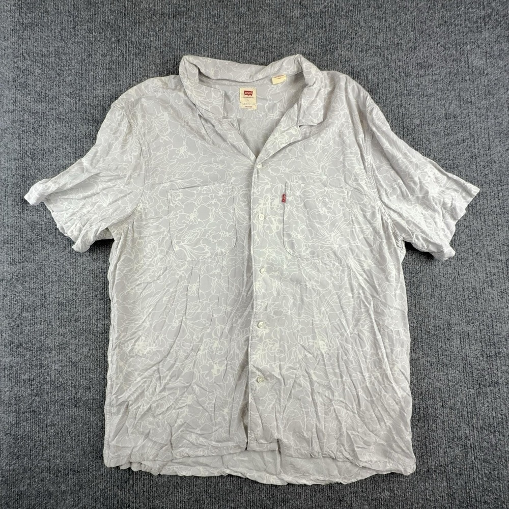 Levi's Shirt Mens Large Gray Floral Short Sleeve Button Up Relaxed Rayon Casual